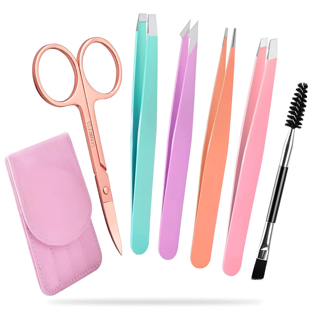 Professional eyebrow tweezers set with four stainless steel tweezers, curved scissors, brush, and leather case.