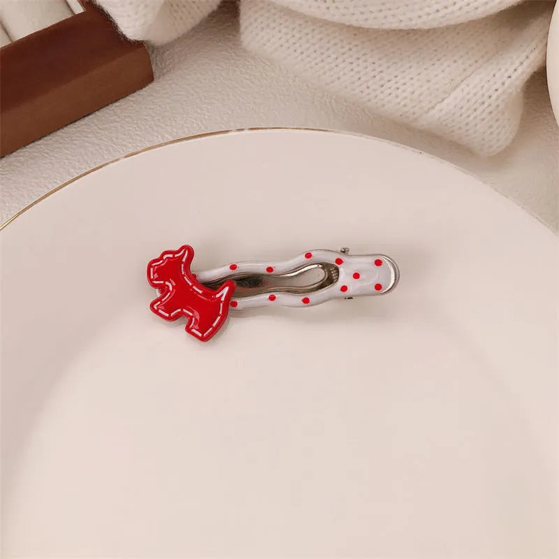 Red stereo love heart-shaped hairpin with French retro dots and willow leaf design