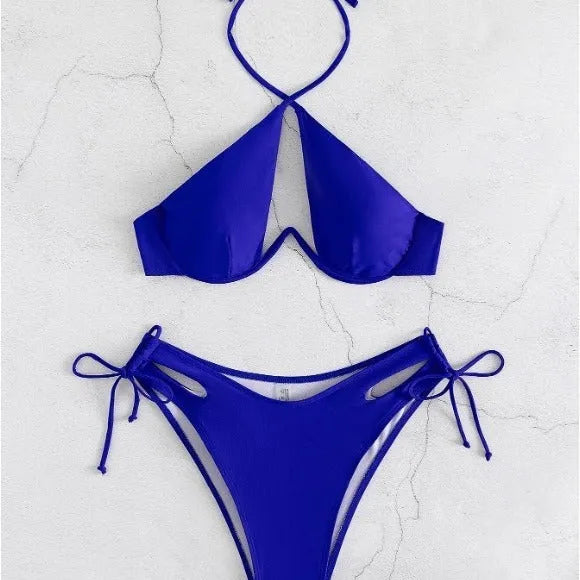 Women's halter neck bikini swimsuit in black blue or brown solid colours with briefs style