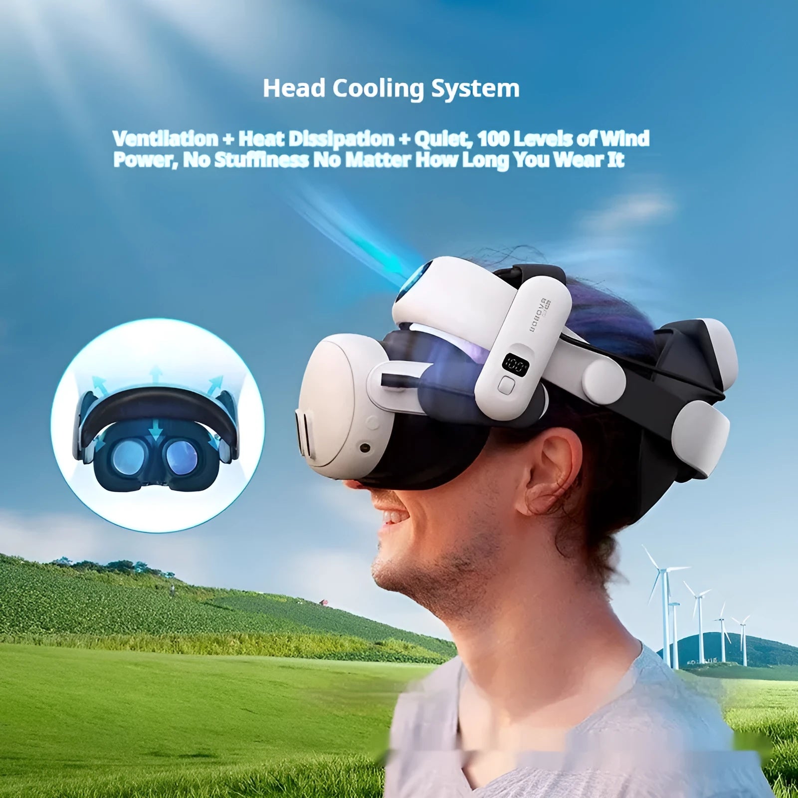 Multi-angle adjustable VR glasses head wear with ABS and sponge construction, battery included.