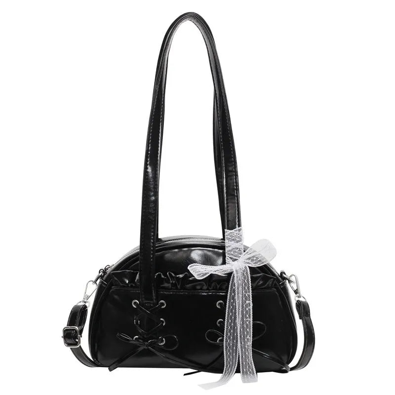 Women's fashion handbag with bow and bandage styling in PU leather, casual shoulder bag design