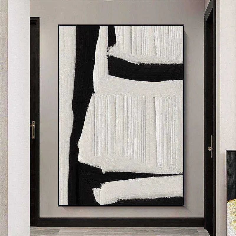 Large black white beige abstract handmade oil painting on canvas, vertical one-panel modern wall art without frame