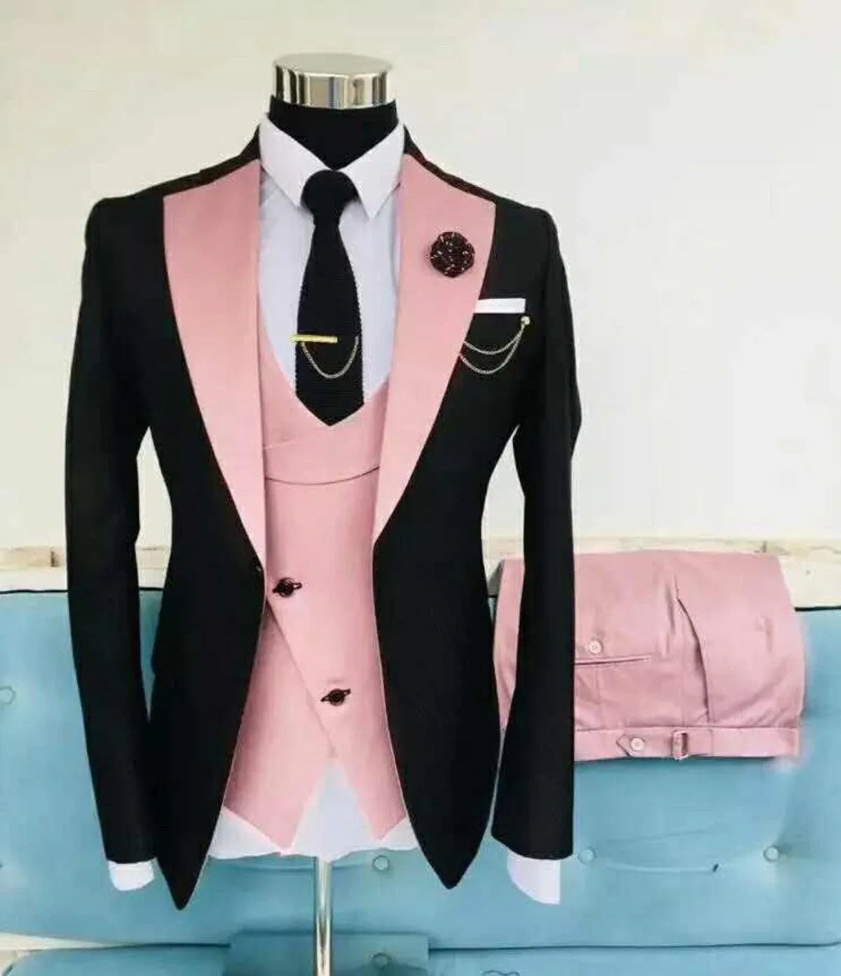 Men's slim fit three-piece suit in cotton with coat, vest, and trousers for formal occasions