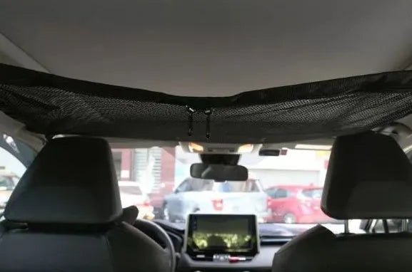 Black multifunctional hanging car storage bag double-layer mesh on car top interior with drawstring option