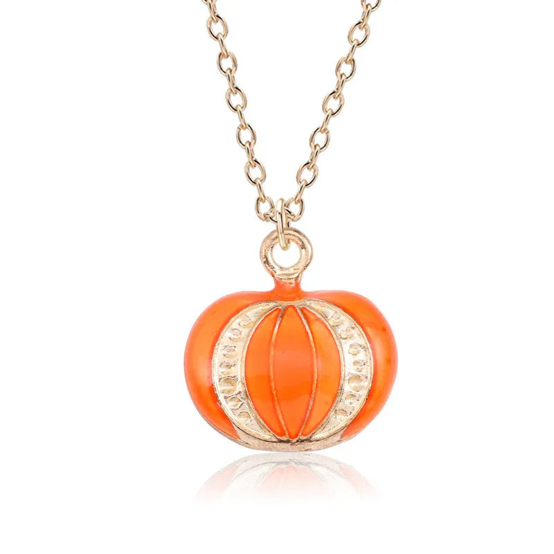 Halloween oil drop pumpkin cat pendant necklace on adjustable 45 plus 5cm alloy chain with electroplated finish
