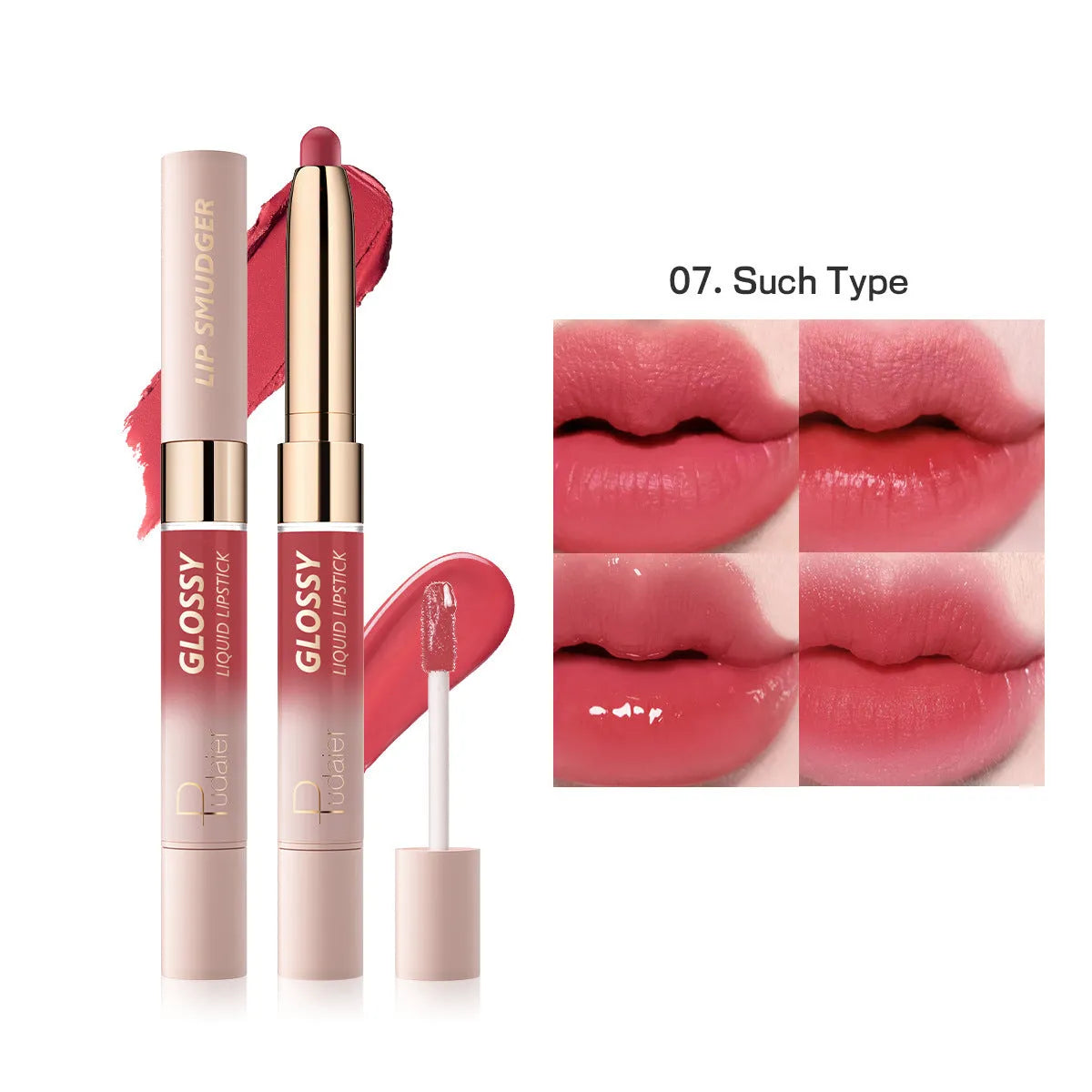Double-headed lipstick and lip gloss product showing matte and glossy ends in one of ten available colours.