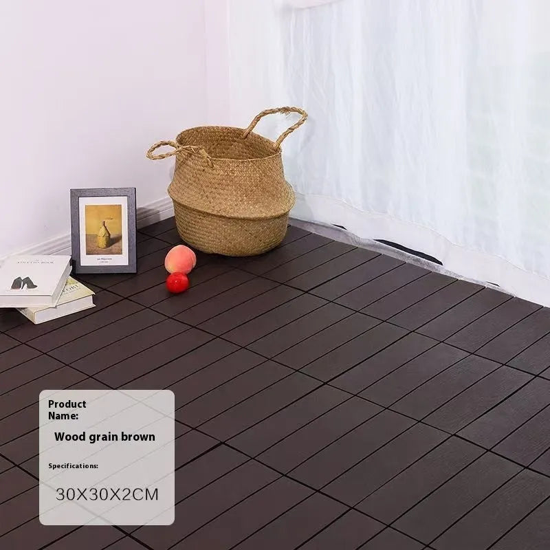 Plastic interlocking floor tile with wood grain finish and non-slip surface, 300mm x 300mm size