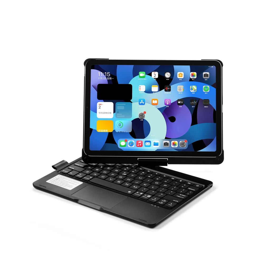 Black 360-degree rotating Bluetooth backlit keyboard case open with an iPad Pro inside, showing the typing angle.