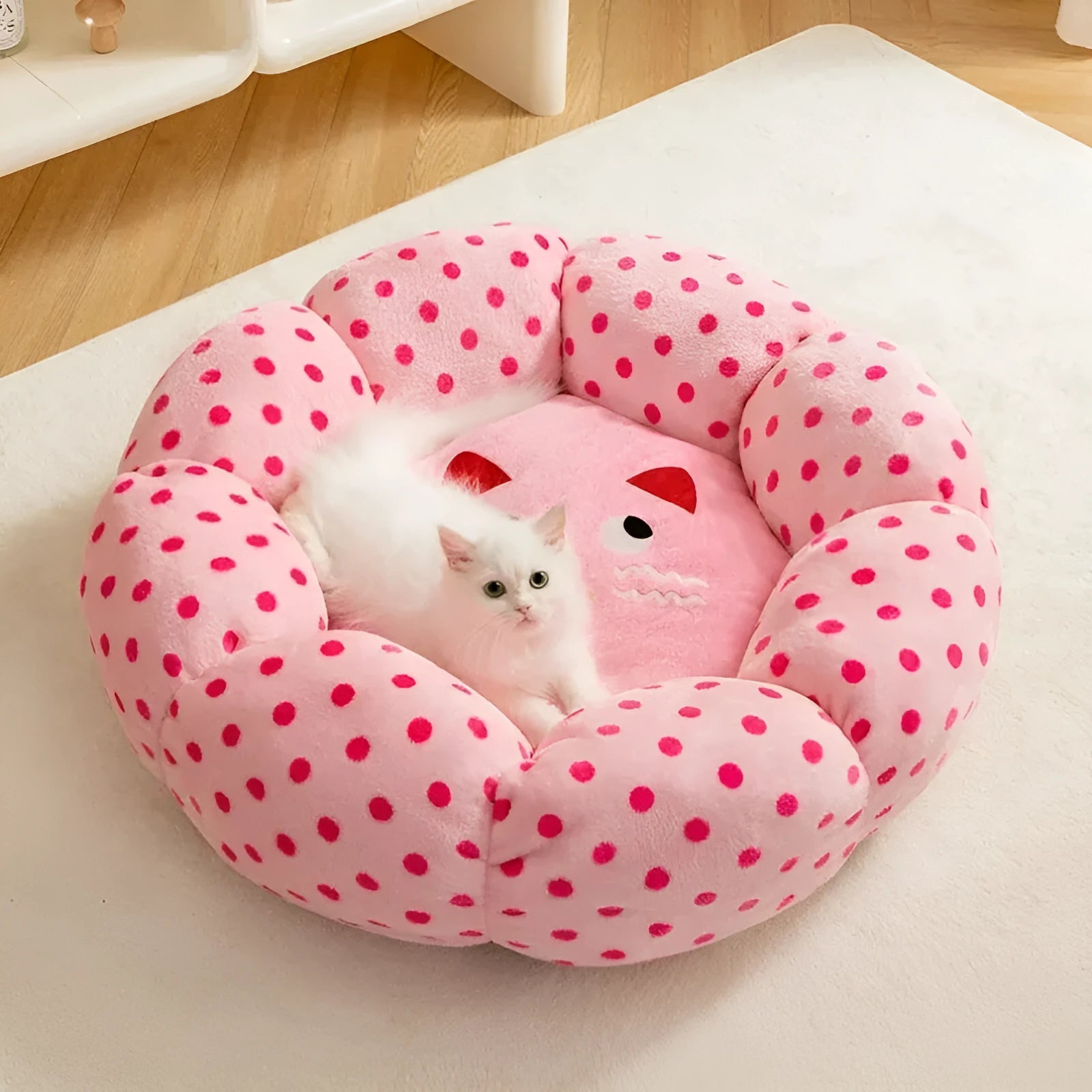 Pink dot fabric cat bed in 45cm and 65cm diameter options for pets up to 20 pounds