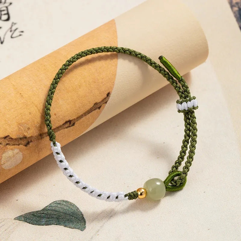 Hetian jade sterling silver carrying strap bracelet with colourful cord and national tide design