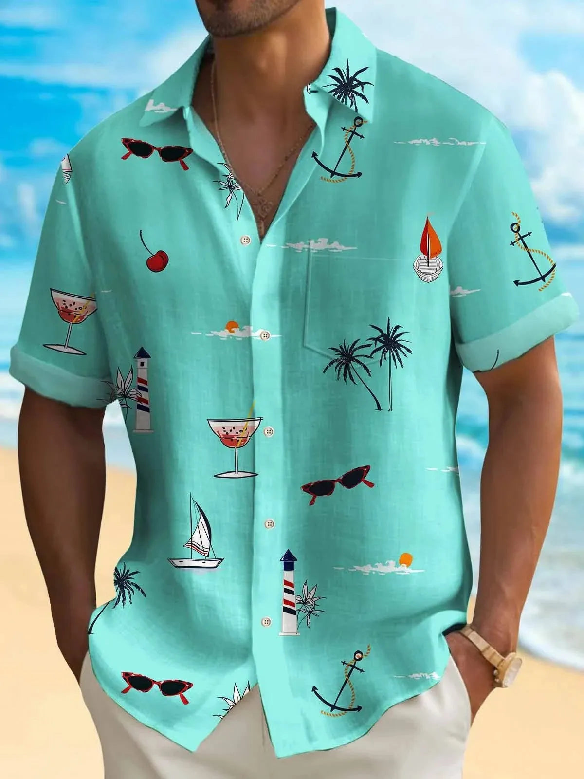 Man wearing a colourful digitally printed Hawaiian shirt with a loose fit and short sleeves.