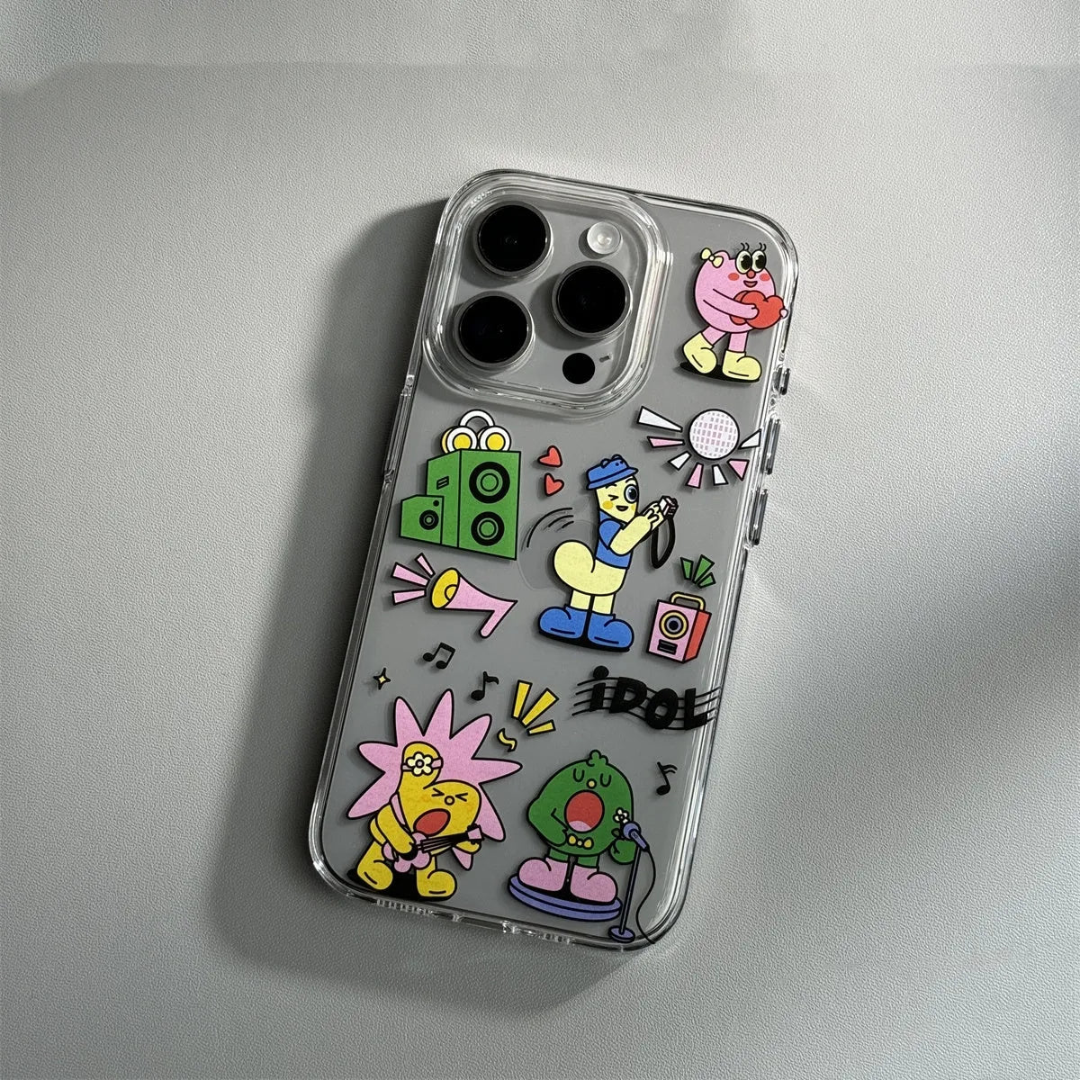 Cartoon transparent soft shell PC phone case for iPhone 15 Pro Max with graffiti print anti-drop protection