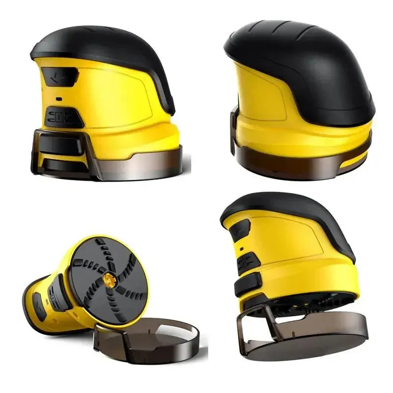 Yellow cordless electric car snow scraper with funnel shape and USB charging cable