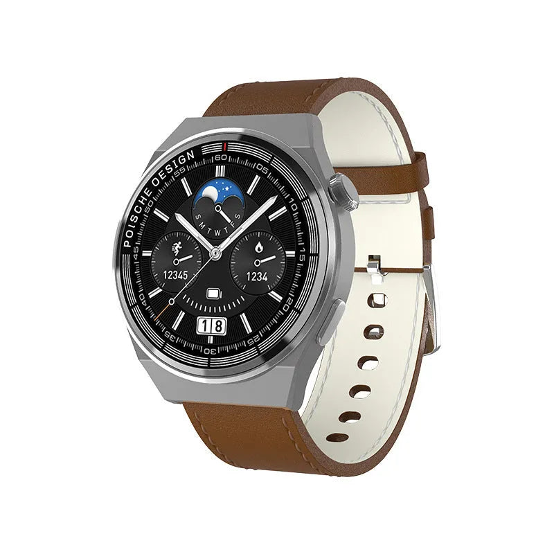 Black Bluetooth smartwatch with a circular 1.39-inch screen on a silicone strap, showing NFC and health tracking functions.
