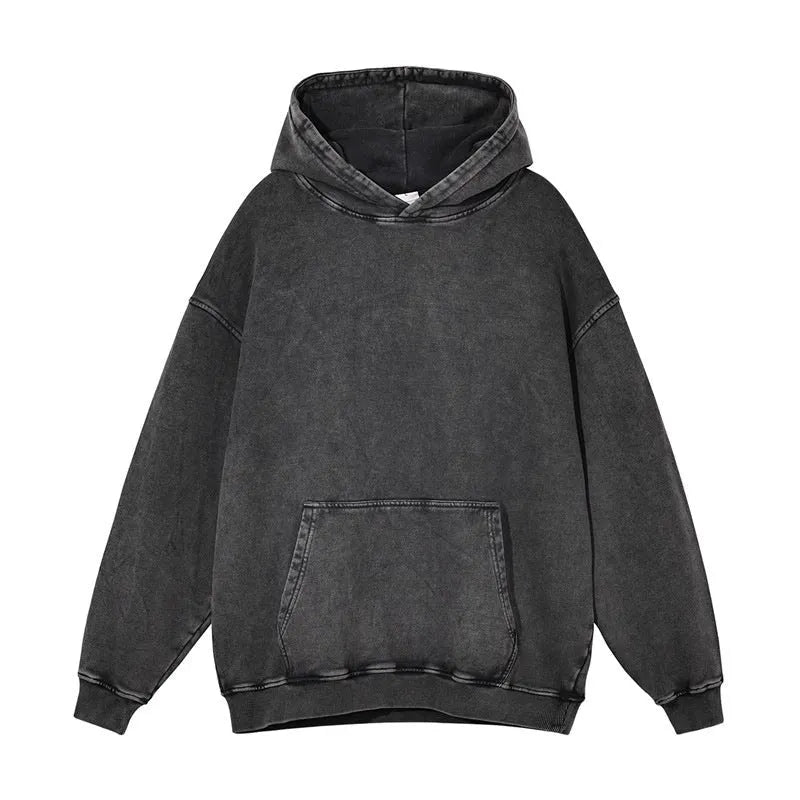 Men's loose-fitting collarless batik sweater in washed cotton, shown in a hooded colour with drop-shoulder sleeves.