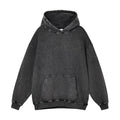 Men's loose-fitting collarless batik sweater in washed cotton, shown in a hooded colour with drop-shoulder sleeves.