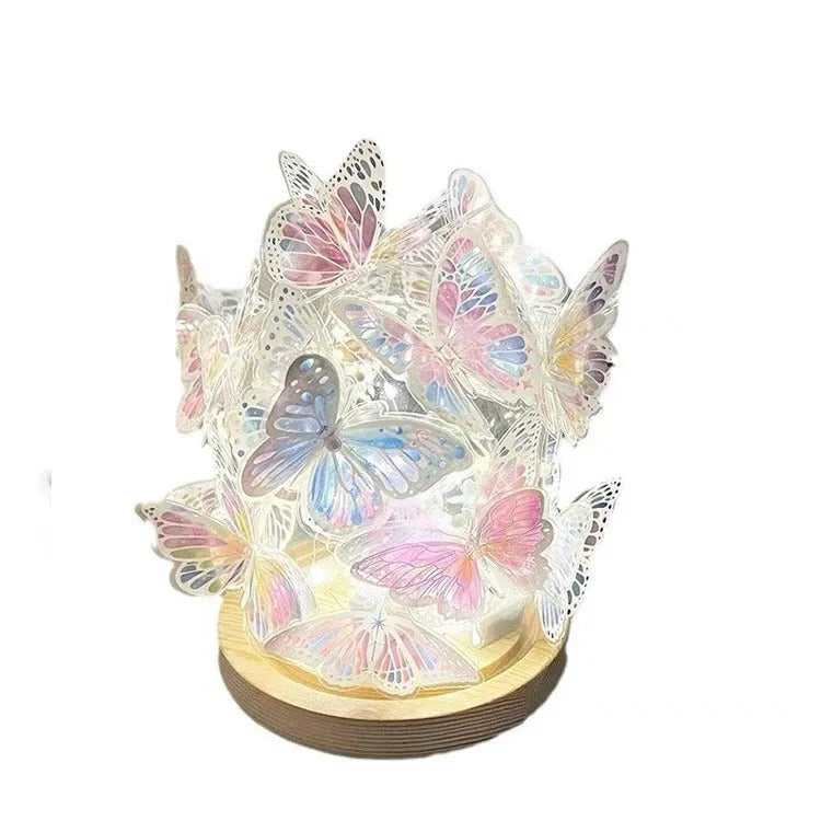 Butterfly night lamp with glass shade on wood base for bedroom bedside lighting