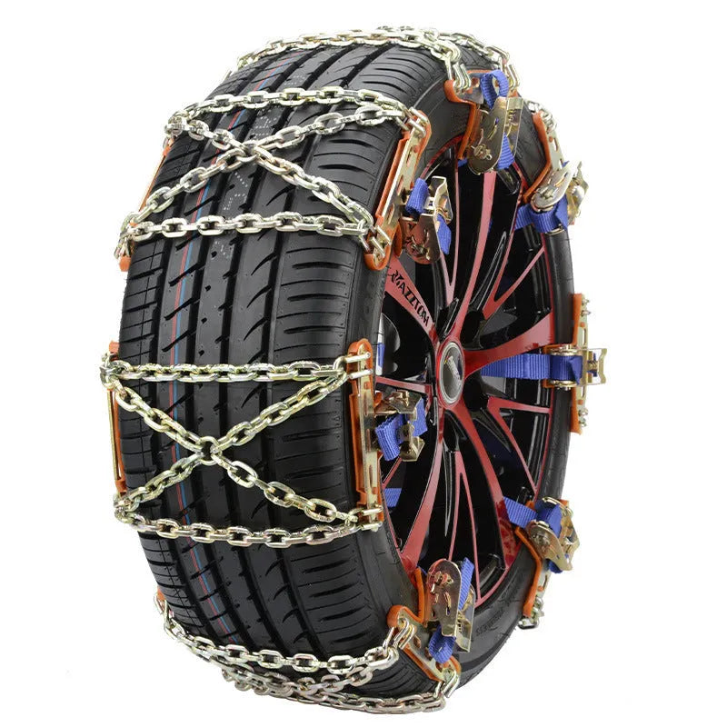 Car snow chain made of steel with Oxford pad and nylon tightening strap for winter tyre traction, approximately 40.5x15cm