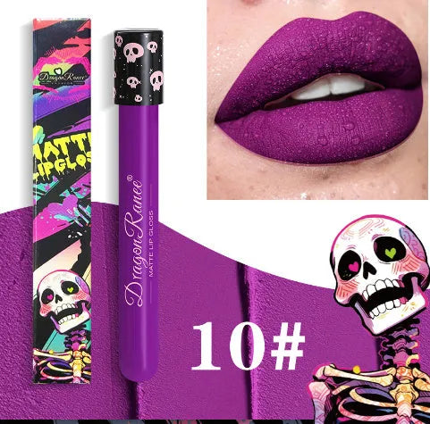Halloween metallic lip gloss in skull test tube packaging with waterproof formula