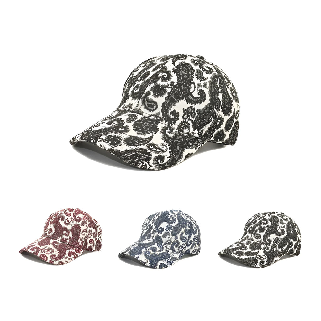 Polyester baseball cap with printed paisley pattern in blue colour showing dome crown design