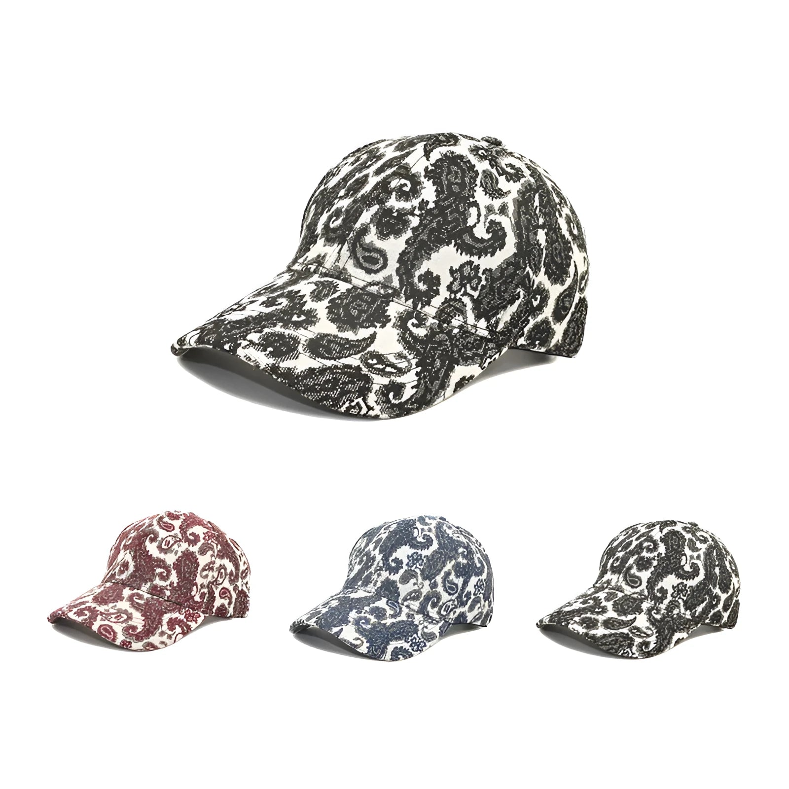 Polyester baseball cap with printed paisley pattern in blue colour showing dome crown design