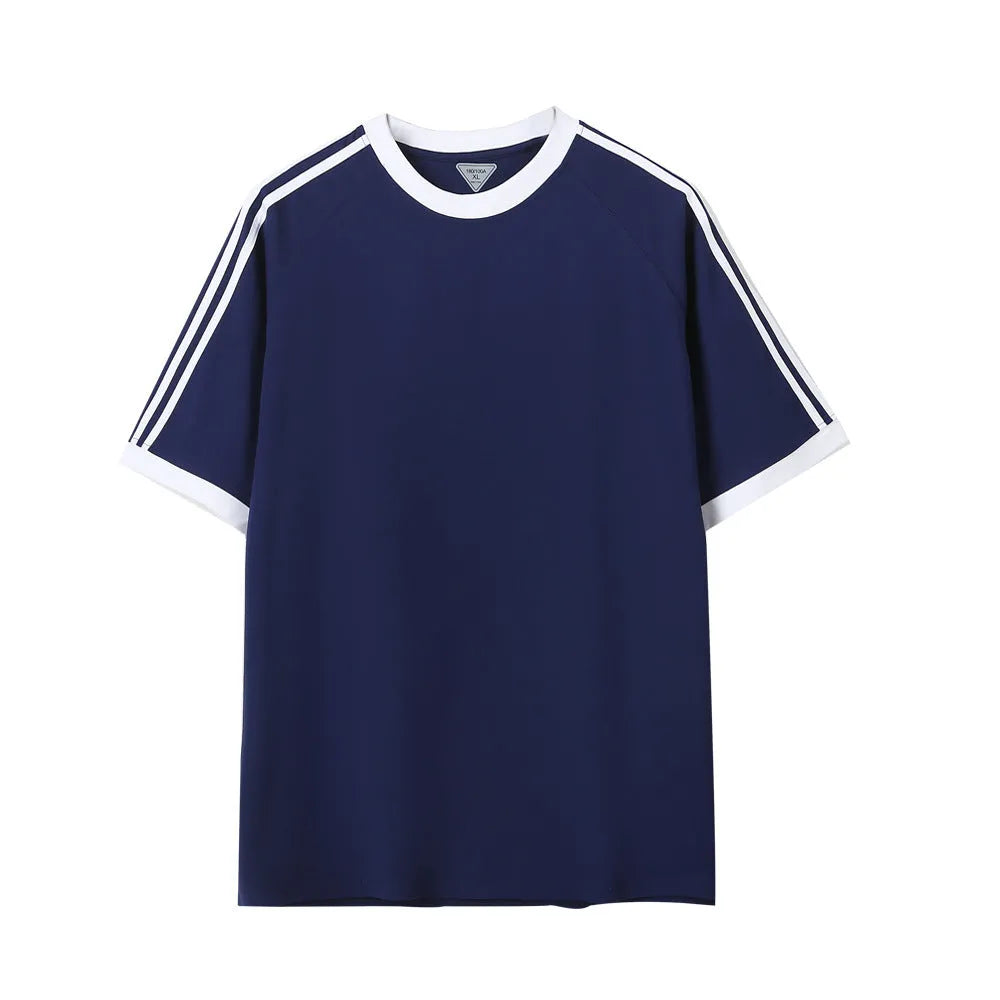 Unisex ice silk cotton stripes five-point top in loose fit, available in multiple colours and sizes S to 2XL