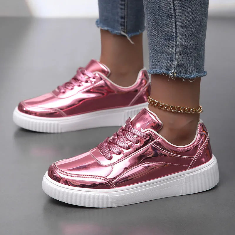 Rose gold platform sneakers with sequin details and a thick MD sole.