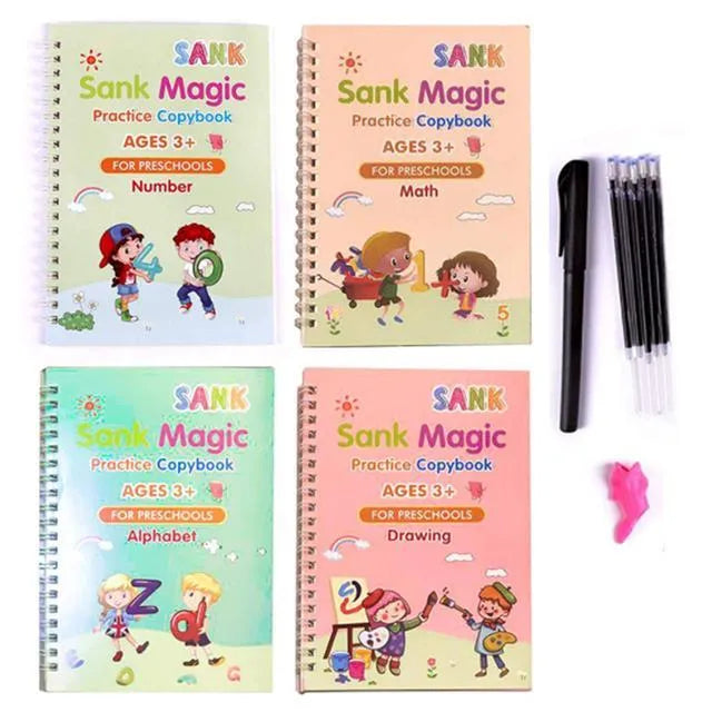 Magic stylus calligraphy practice set for kids showing four colourful copybooks and pens on a table.