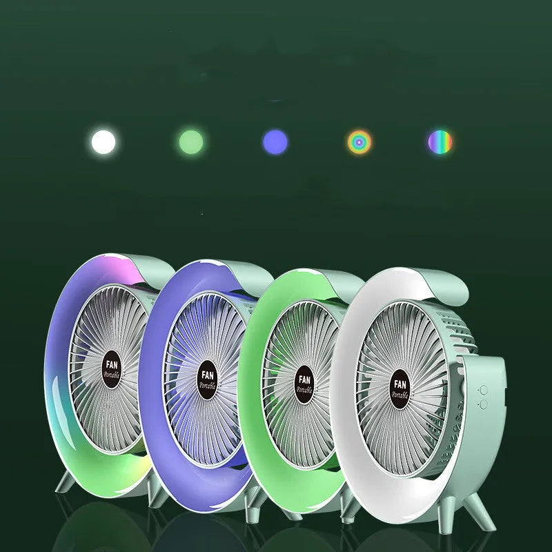 Desktop mini fan with night light in grass green showing 180-degree tilt and USB port