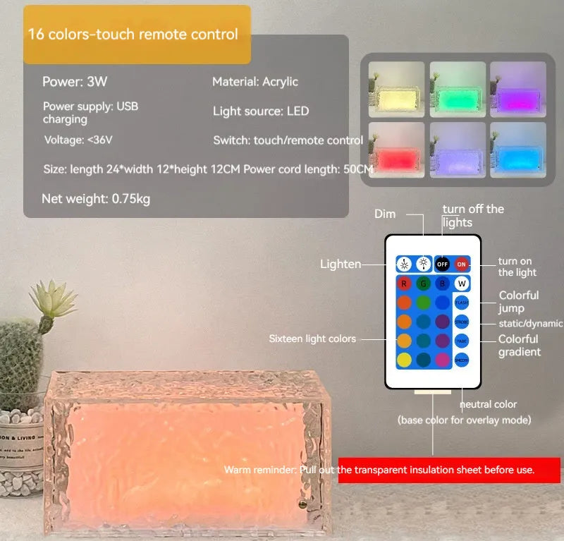 Clear acrylic geometric ice cube shaped night lamp glowing with soft colour changing light.
