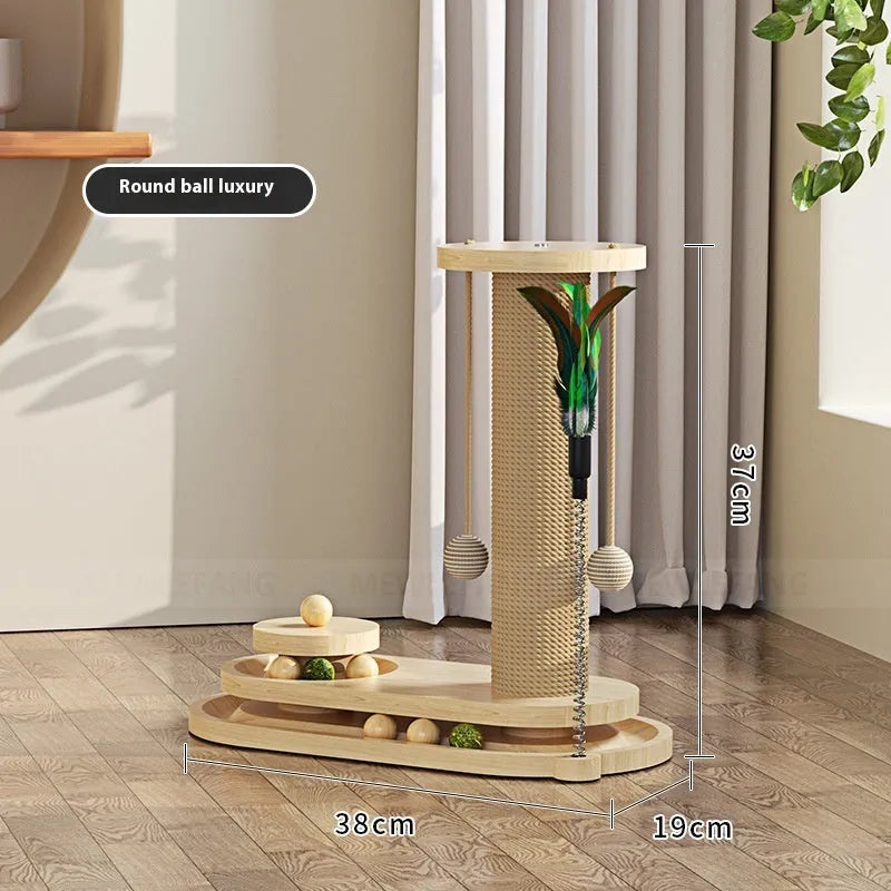 Solid wood cat scratching post with rotating turntable in multiple design options