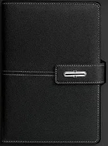 A5 notebook with PU leather cover in choice of colour, shown open on wood-free paper pages.
