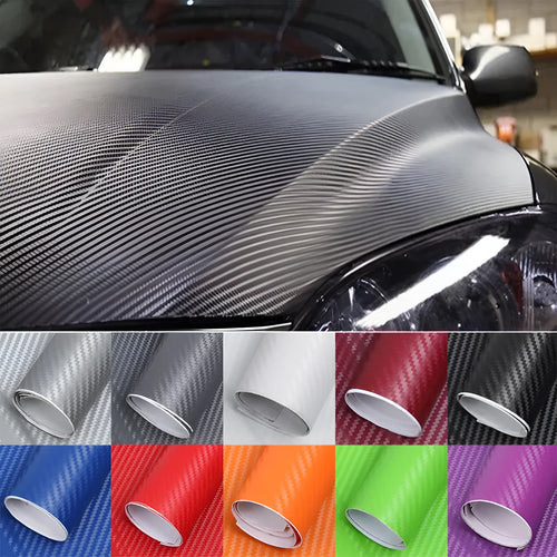 3D carbon fibre car sticker roll in eight colour options showing textured surface
