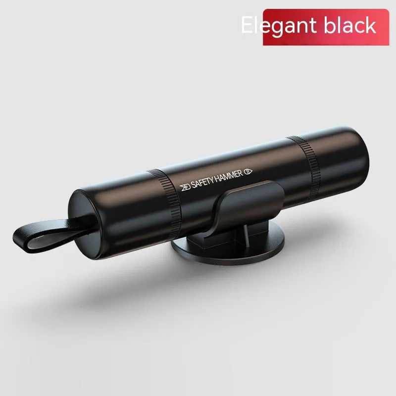 Four-in-one car safety hammer with window breaker, seatbelt cutter, LED torch, and magnetic aluminium alloy base