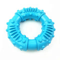 Blue hollow dog fetch stick toy lying on grass, showing its lightweight chewy construction.