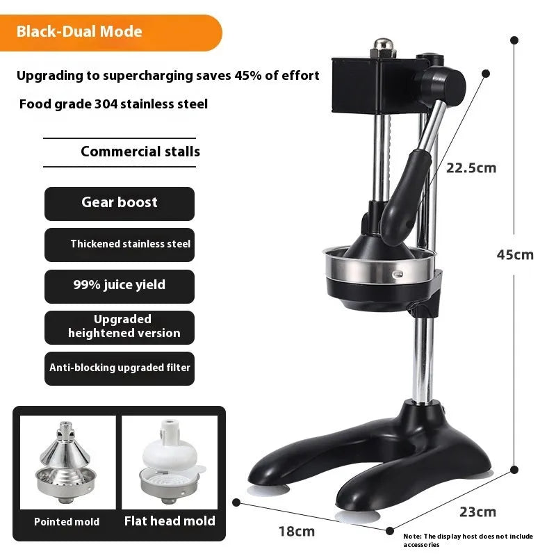 Vertical stainless steel and zinc alloy manual citrus juicer on a kitchen counter.
