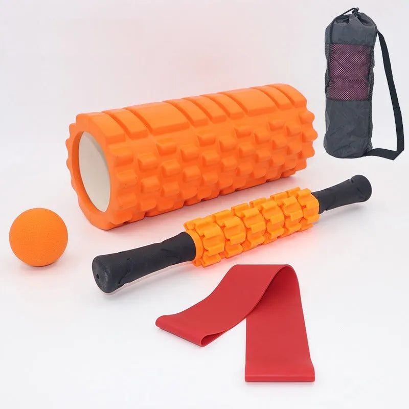 Black six-piece foam roller with gear pattern measuring 33cm long for muscle massage