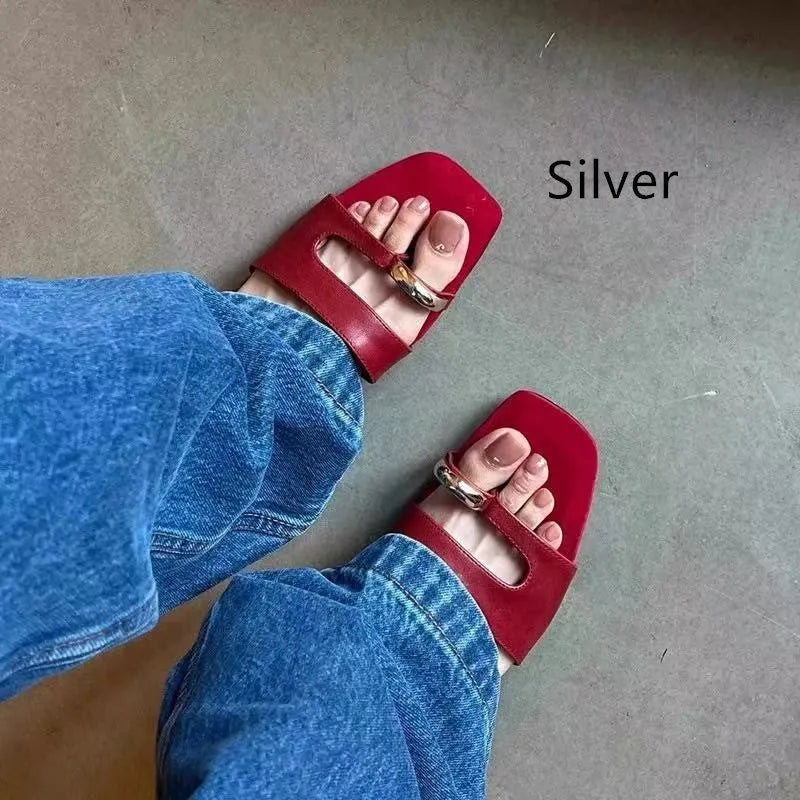 Plus size outdoor fashion slippers with square head design in black, red, silver, or white colours