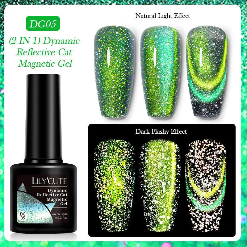 Bottle of Diamond In The Debris Cat Eye Series Nail Polish Gel showing glitter and diamond fragments, with six colour options displayed.