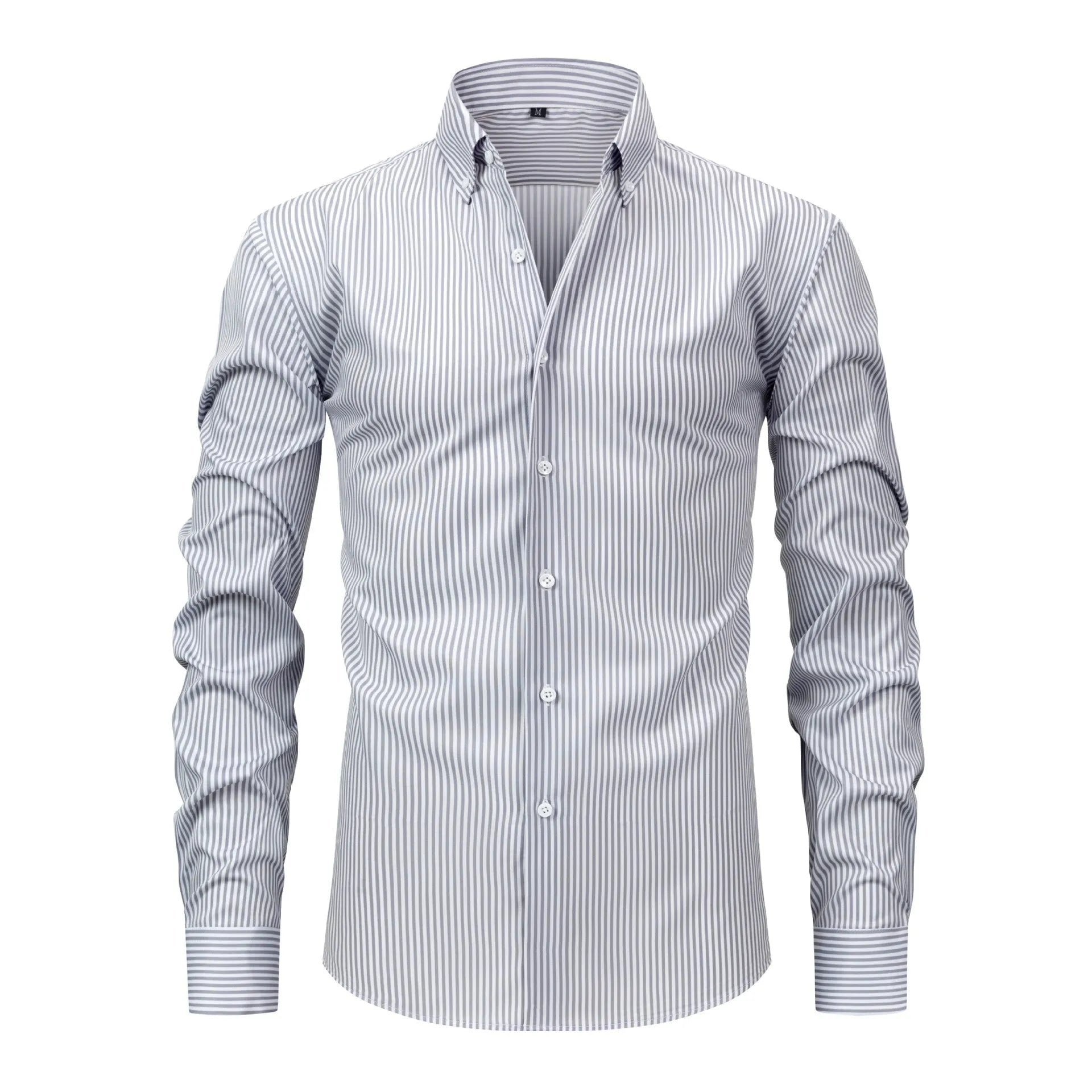 A striped non-ironing men's long-sleeved business shirt with a lapel collar.