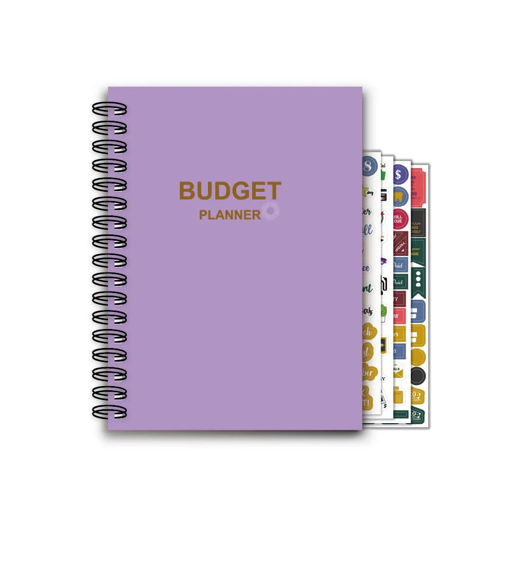 J12 purple coil-bound budget book open showing Daolin paper pages with financial tracking stickers and paper clips
