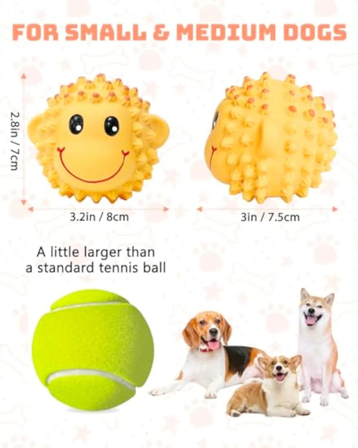 Two spiky squeaky latex dog toys, lamb and monkey designs, on a plain background.
