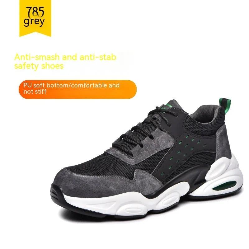 Mesh breathable labour insurance safety shoes with PU sole in black, grey, and beige colours