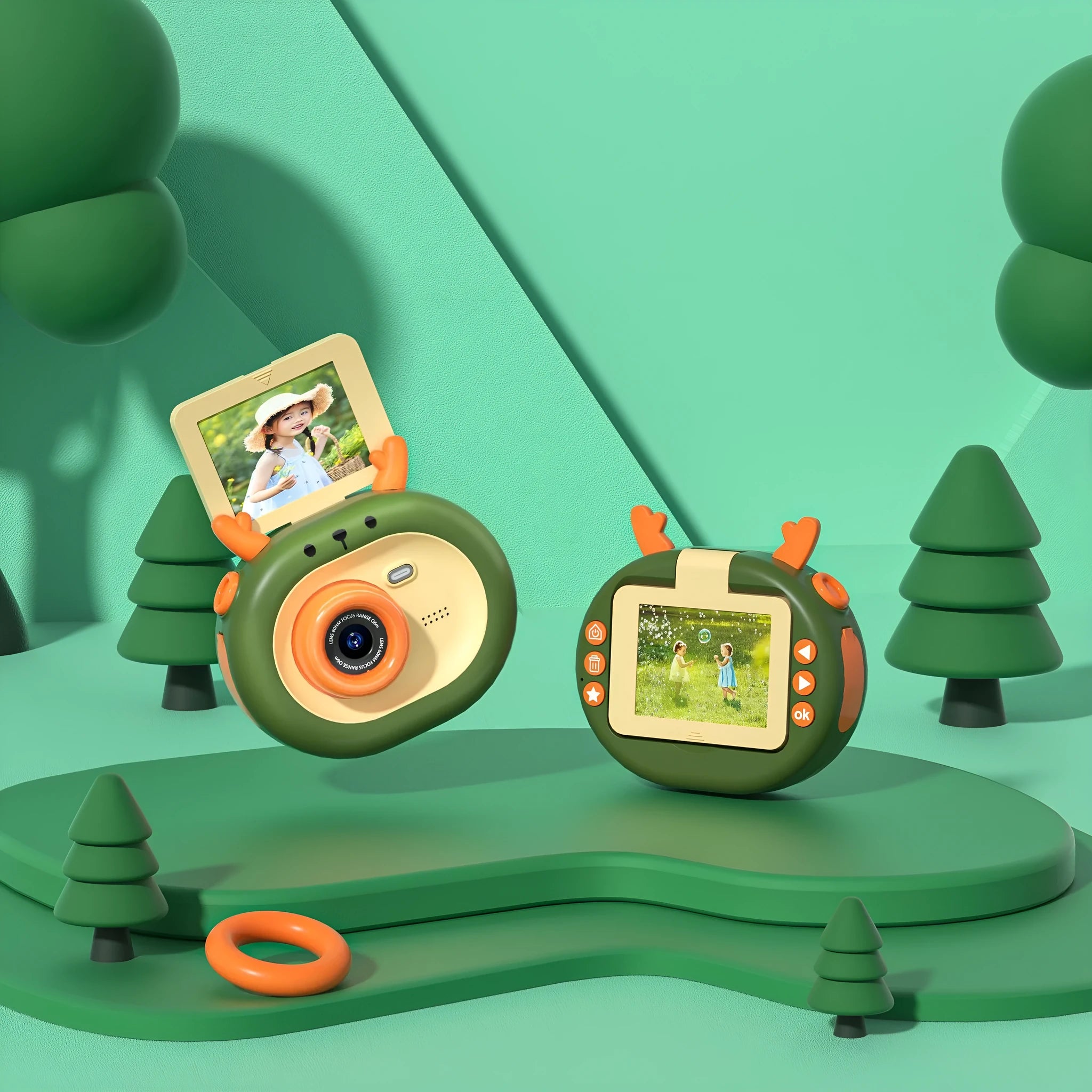 Dark green children's digital camera with flip screen, silicone case, and lanyard on a cartoon map.