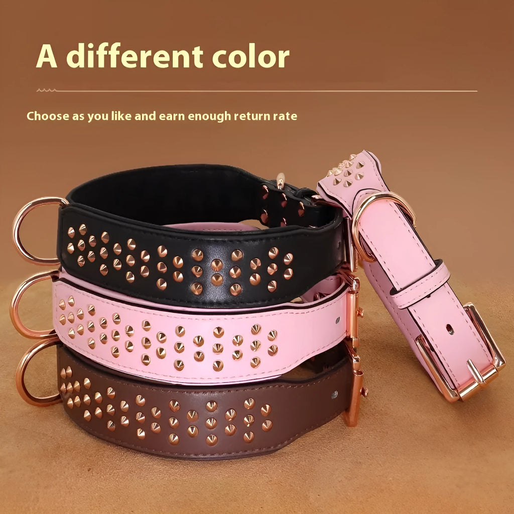 A brown leather dog collar with a row of shiny brass anti-bite rivets and a metal D-ring.
