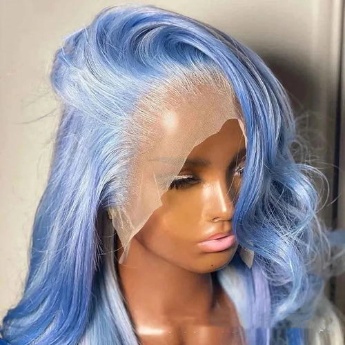 Body wave human hair lace front wig with natural hairline on display stand