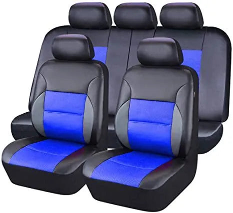 Set of black artificial leather car seat covers for front and back seats, shown with installation hooks.