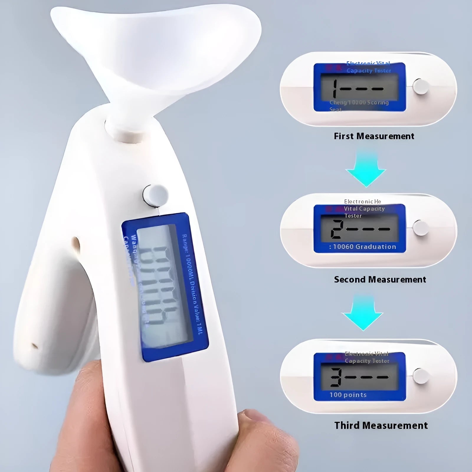 Handheld white spirometer tester with LCD screen and blowing nozzle for lung capacity measurement