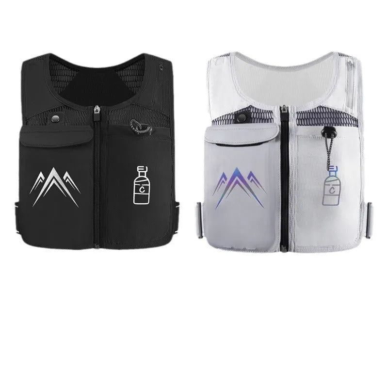 Classic black sports running vest with a front mesh phone pocket, shown on a model.
