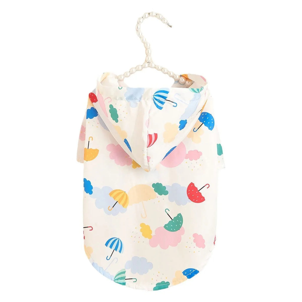 Colourful cartoon umbrella pattern dog or cat raincoat in polyester.